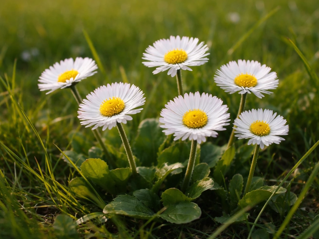 Gros plan sur une pâquerette à cœur jaune dans l’herbe, fleurs blanches nettes et feuilles visibles.