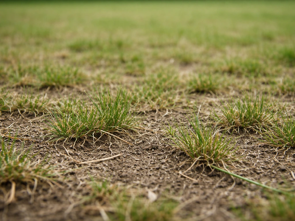 Gros plan d’une pelouse trop ras et clairsemée, avec de la terre visible à la base des brins d’herbe.
