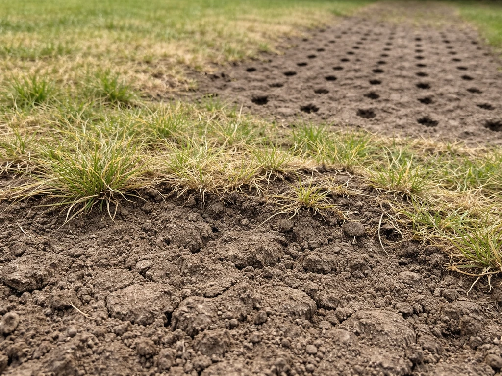 Sol de pelouse compacté : mottes serrées, racines superficielles et traces d’aération visibles.