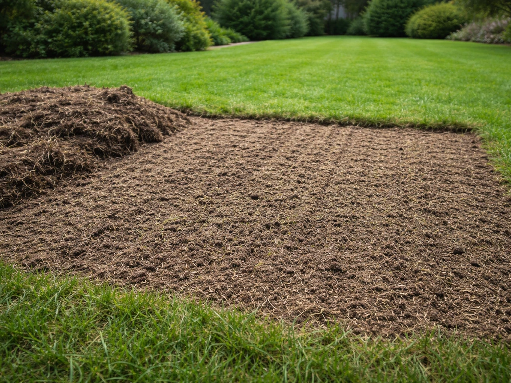 Gazon fraîchement scarifié avec feutre retiré, sol aéré visible au premier plan, arrière-plan jardin calme.