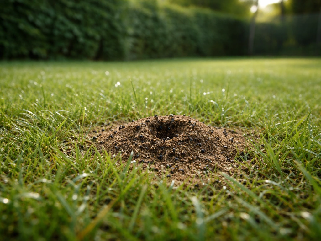 Pelouse de jardin avec un petit monticule de nid de fourmis et quelques fourmis près du sol décompacté.
