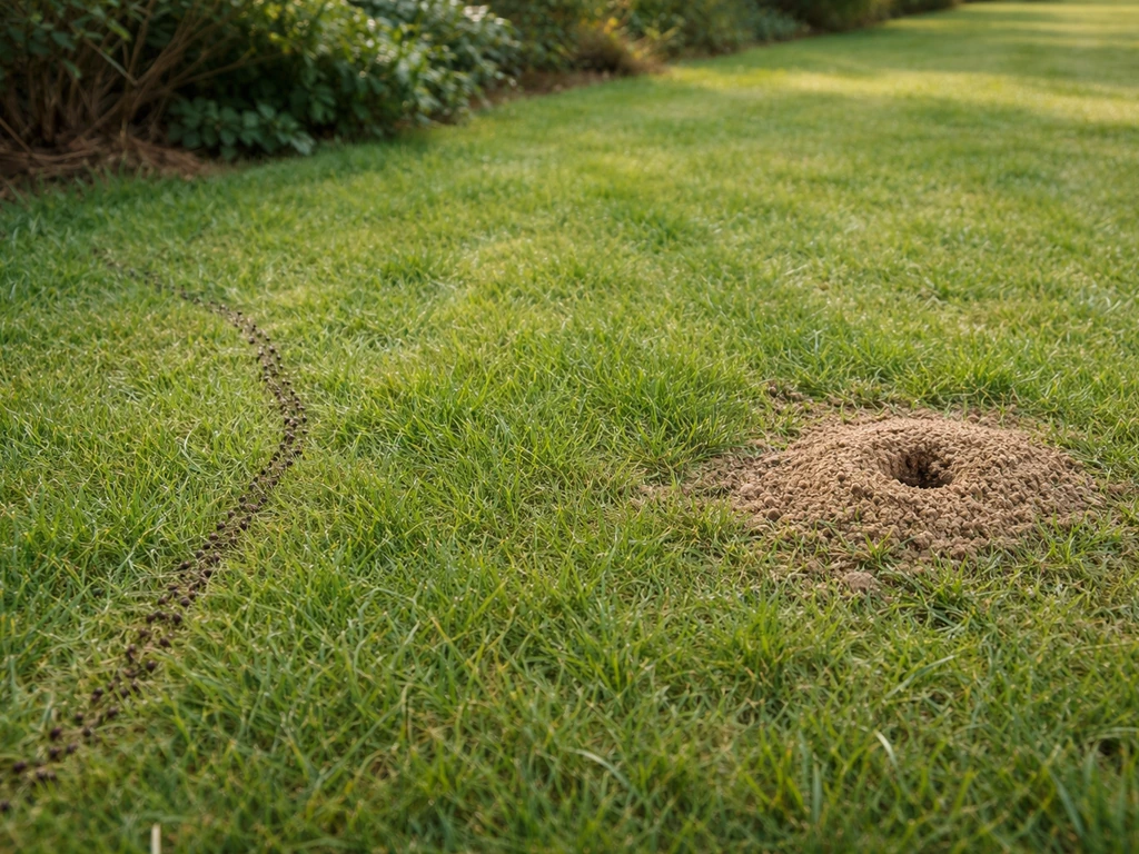 Pelouse avec deux zones: lignes de fourmis actives et petite fourmilière en surface.