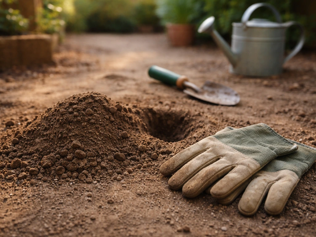 Des gants de jardinage posés près d’un petit monticule de terre meuble, indiquant une inspection et un traitement locali