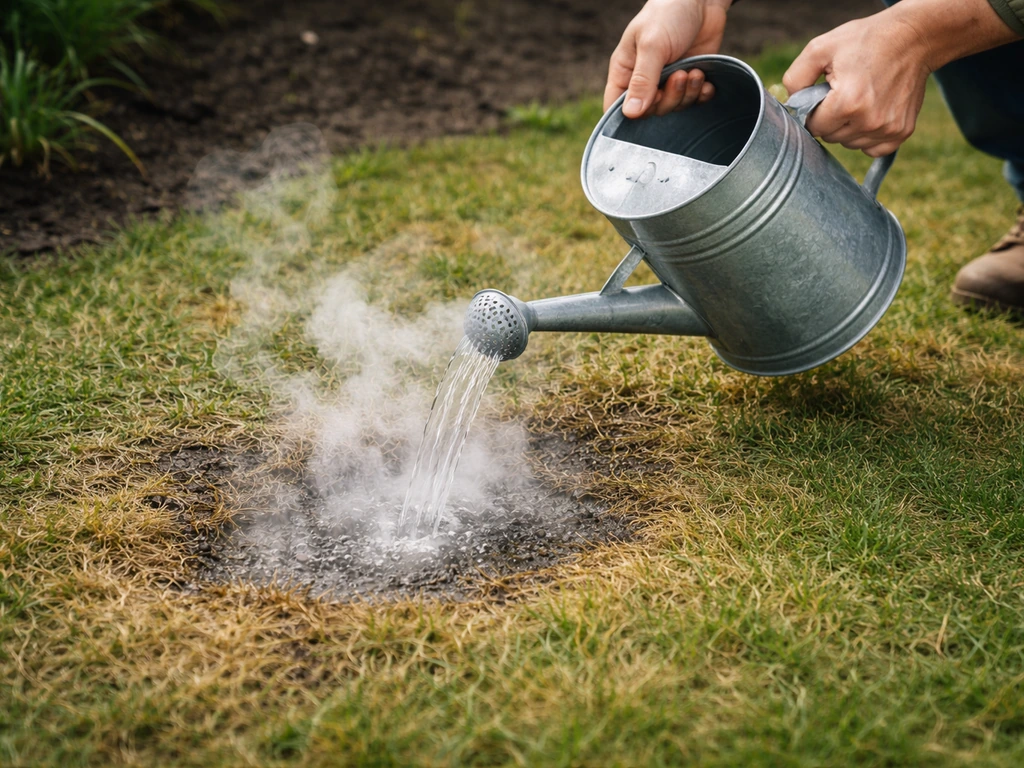Arrosoir versant de l’eau très chaude sur une zone de gazon abîmée, vapeur au sol.