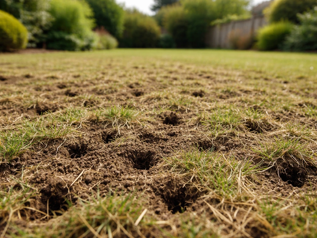 Pelouse après scarification/aération : sol légèrement remué et drainage amélioré, moins favorable aux fourmis.