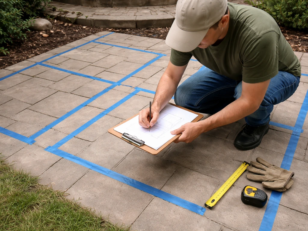 Anonymous person kneeling on a patio sketches zones and measures with painter’s tape boundaries.