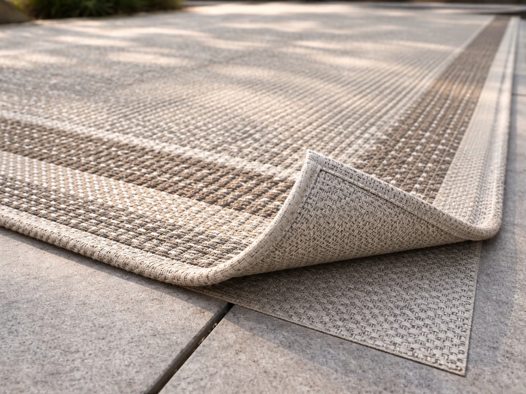 Close-up of a quick-dry outdoor rug laid on patio flooring, showing texture and underfoot detail.