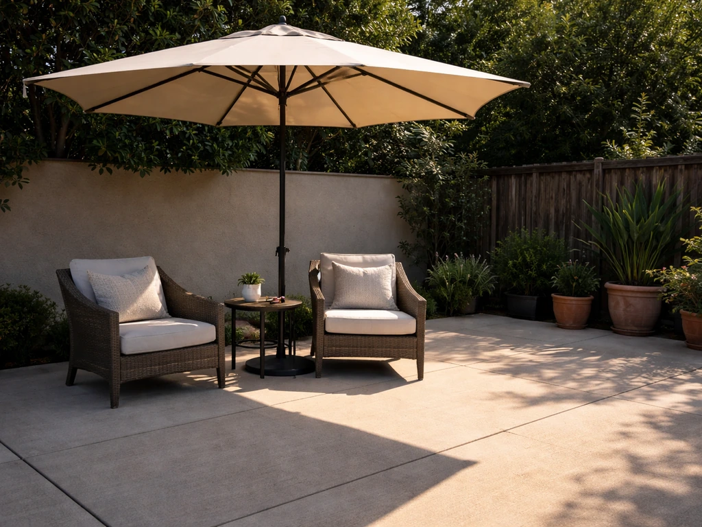 Backyard patio with a market umbrella casting shade while part of the area remains sunny.