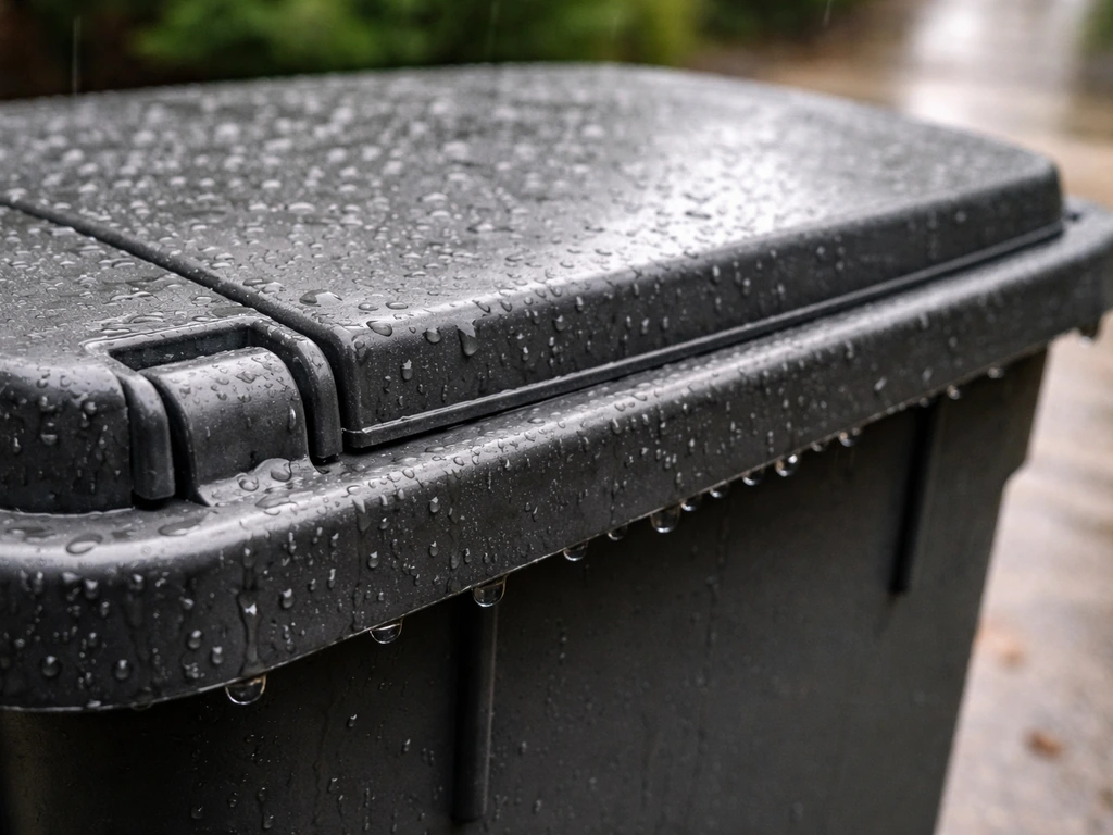 Close-up of a rain-sealed hinged lid with droplets beading along the seam.