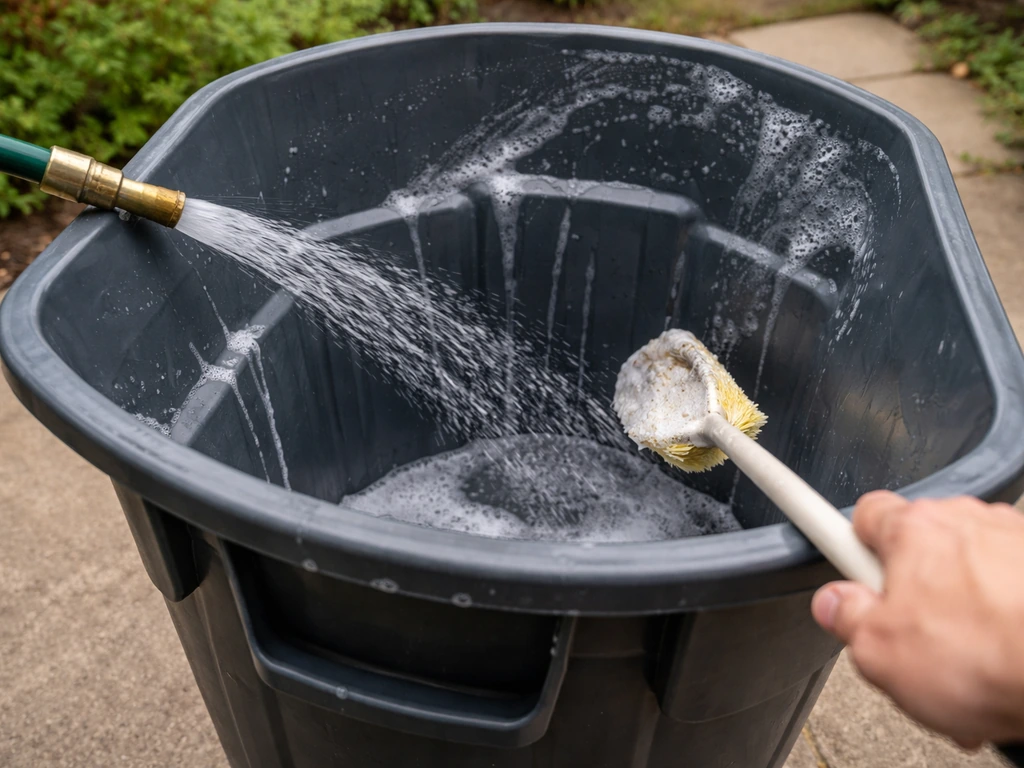 Patio trash can being rinsed with a garden hose while scrubbing the inside with soapy brush.