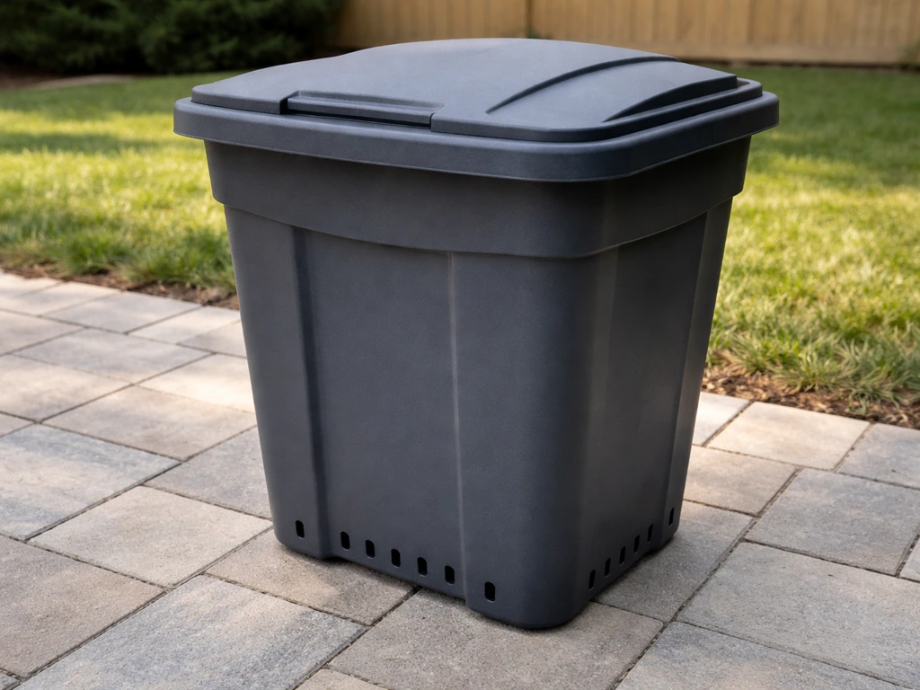 Close-up of an outdoor patio trash bin with drainage holes and a sturdy lid in a simple yard setting.