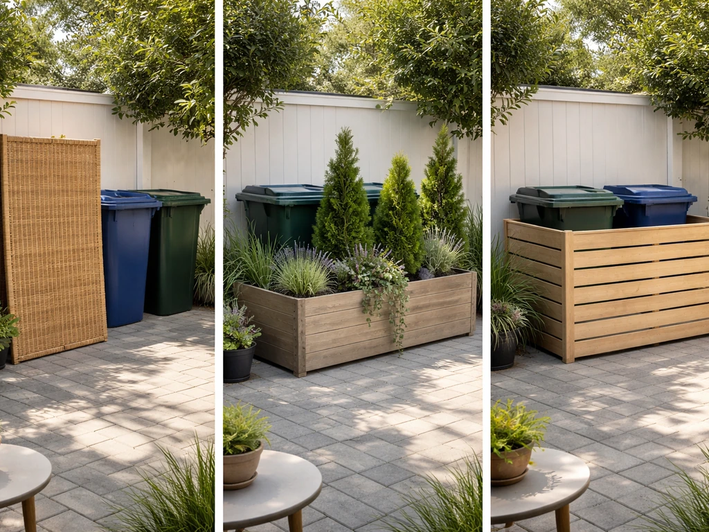 Patio with three distinct screening options: bamboo lattice panel, planter-box staging, and a simple enclosure