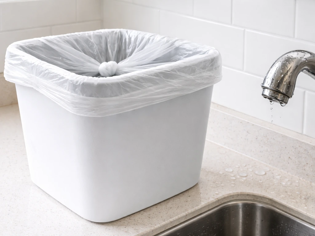 Trash bin with a neatly secured liner and a nearby fresh cleaning rinse, showing mess and odor control.