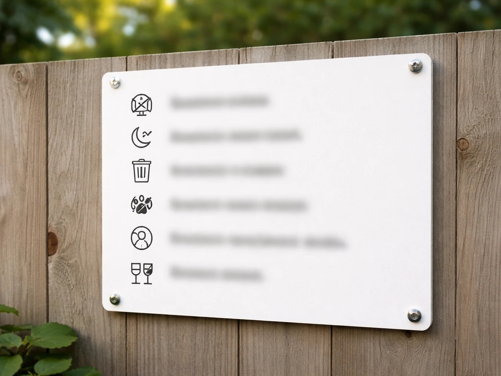 Close-up patio rules sign with a short set of example quiet hours rules and icons, no text