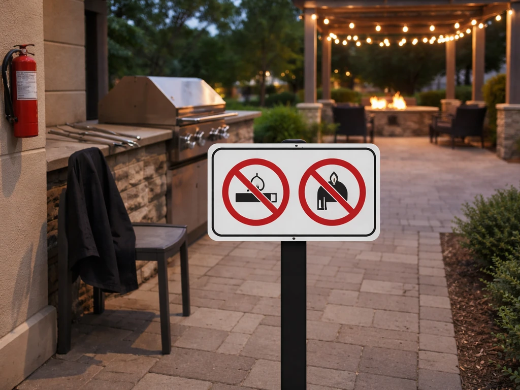 Residential patio with a grill and a no-smoking/no-open-flame style safety sign by a fire pit.