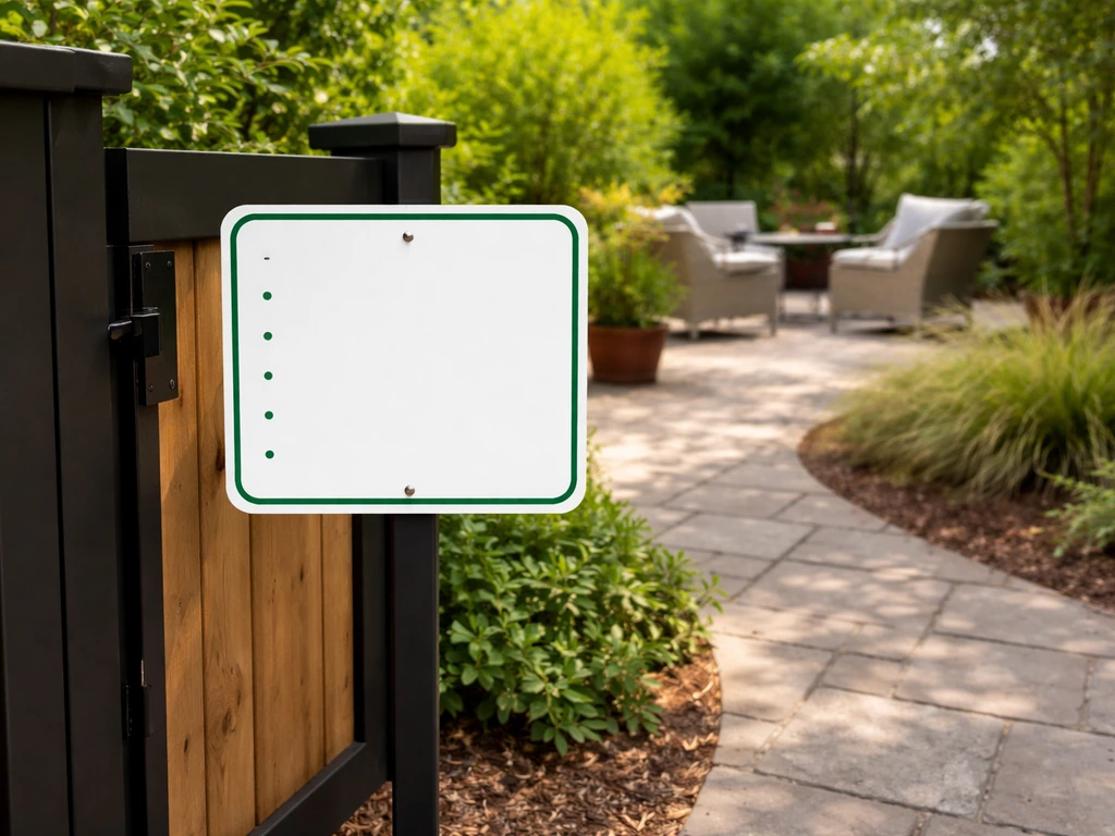 Patio rules sign mounted by a gate entrance, clearly visible from the seating area.
