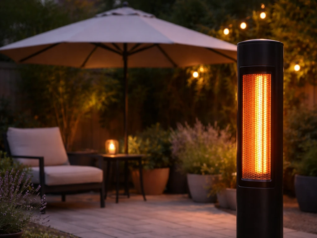 Warm patio with an infrared heater glowing and a closed umbrella providing shade in the background.