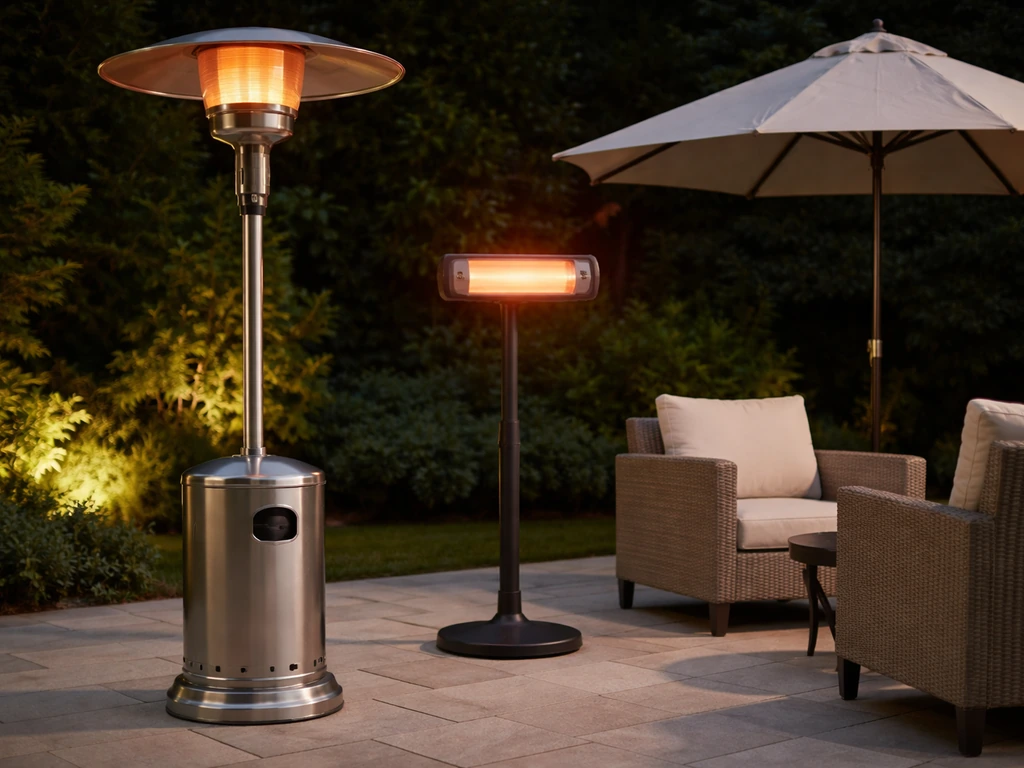 Propane patio heater and electric infrared heater next to a patio umbrella on a quiet stone patio.