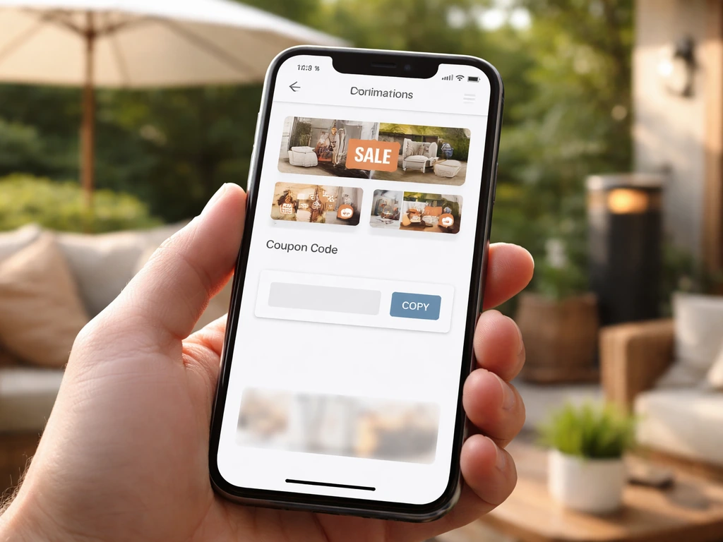 Close-up of a smartphone showing a retailer promo page with a coupon code for patio heat and shade.