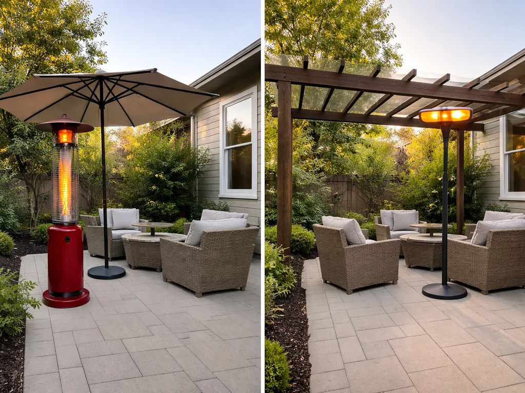 Split-screen patio scene showing propane vs electric infrared heaters and umbrella vs pergola shade.