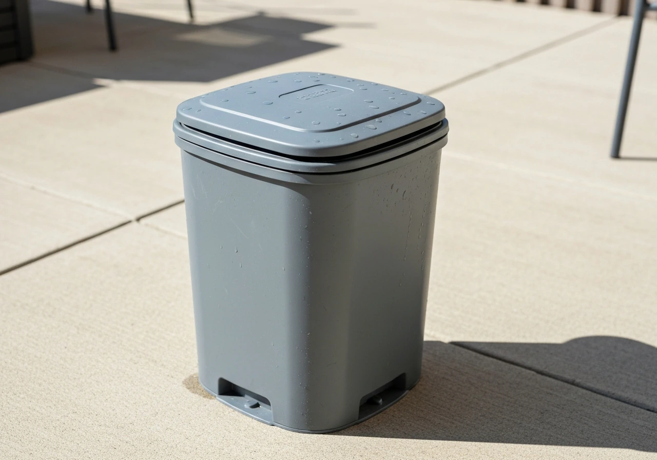 Weatherproof patio garbage can with tightly sealed lid on a concrete patio, ready for odor control.