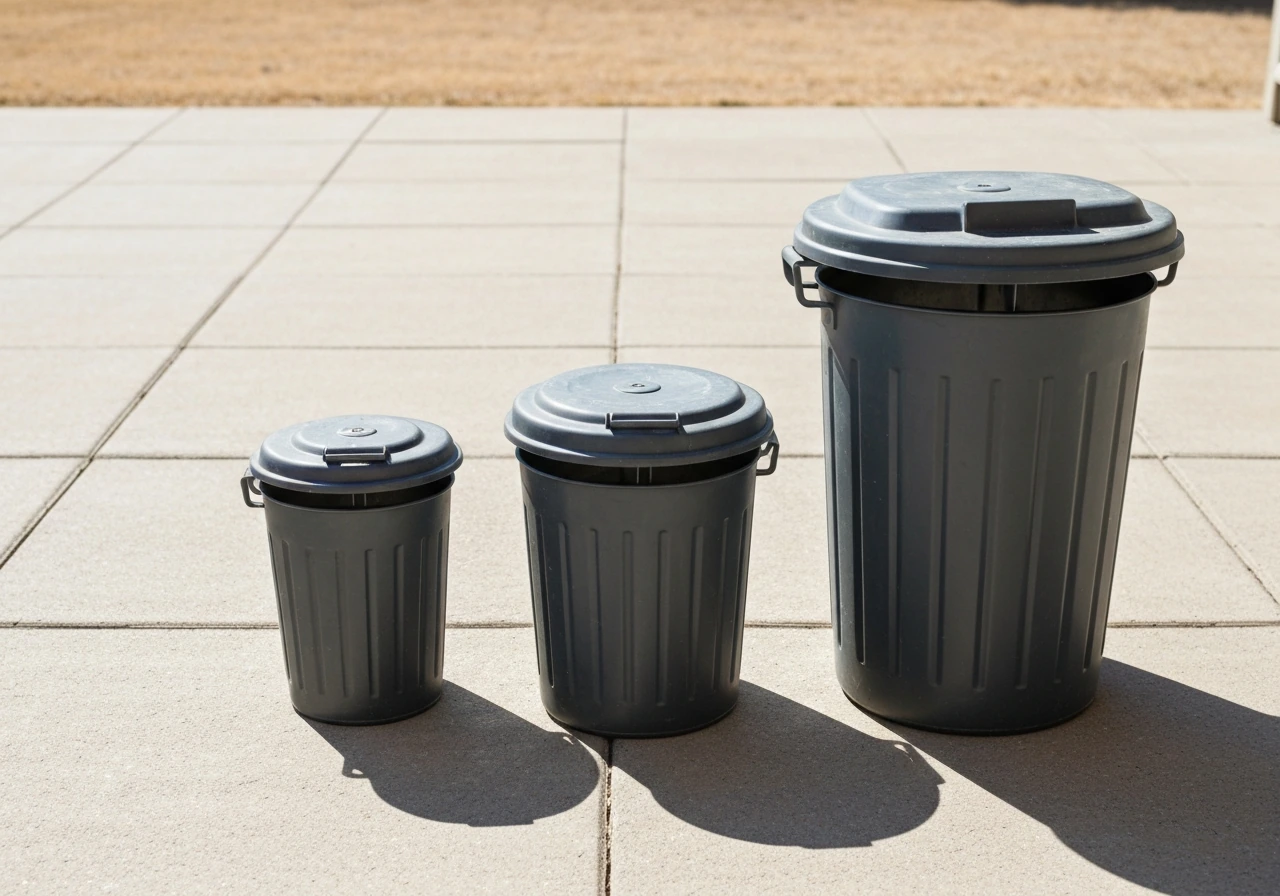 Three outdoor trash cans of different sizes (small, 32-gallon, large) on a patio for scale.