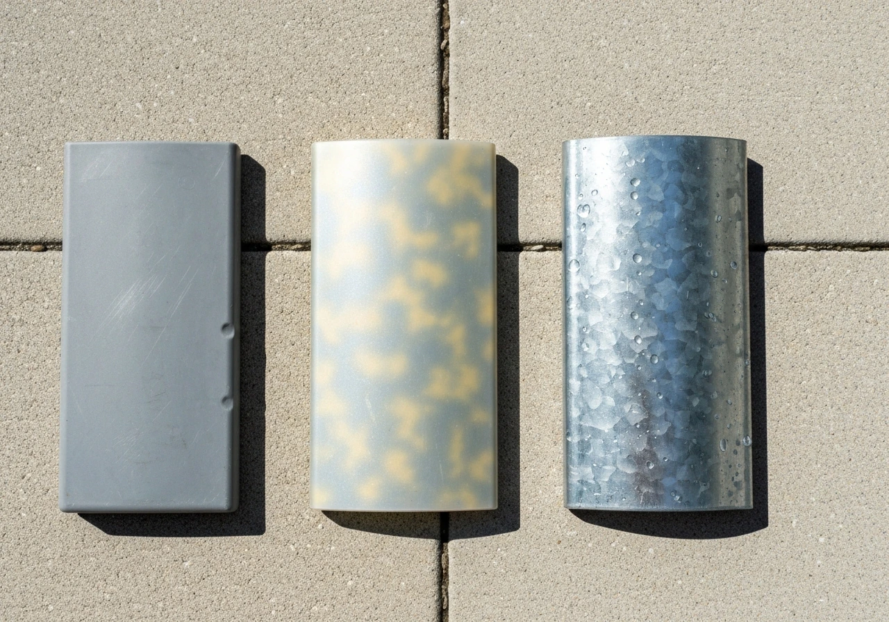 Three outdoor trash can material samples side by side: HDPE plastic, UV-stabilized resin, and metal with weathered wear
