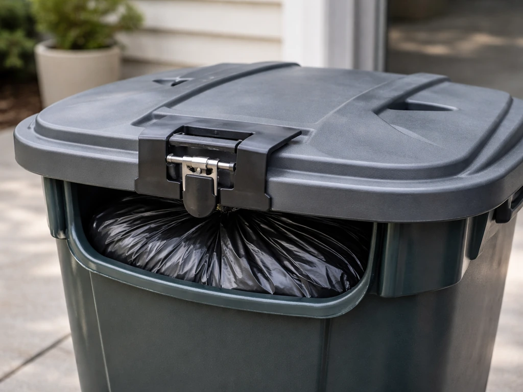 Locked lid patio trash can with sealed bag, showing secure, odor- and pest-resistant setup.