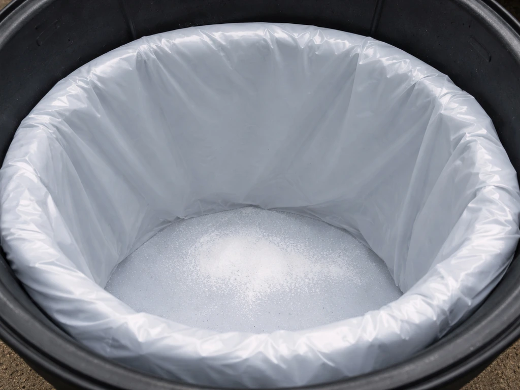 Close-up inside a trash bin showing a dry liner, baking soda at the bottom, and a sealed bag tip.