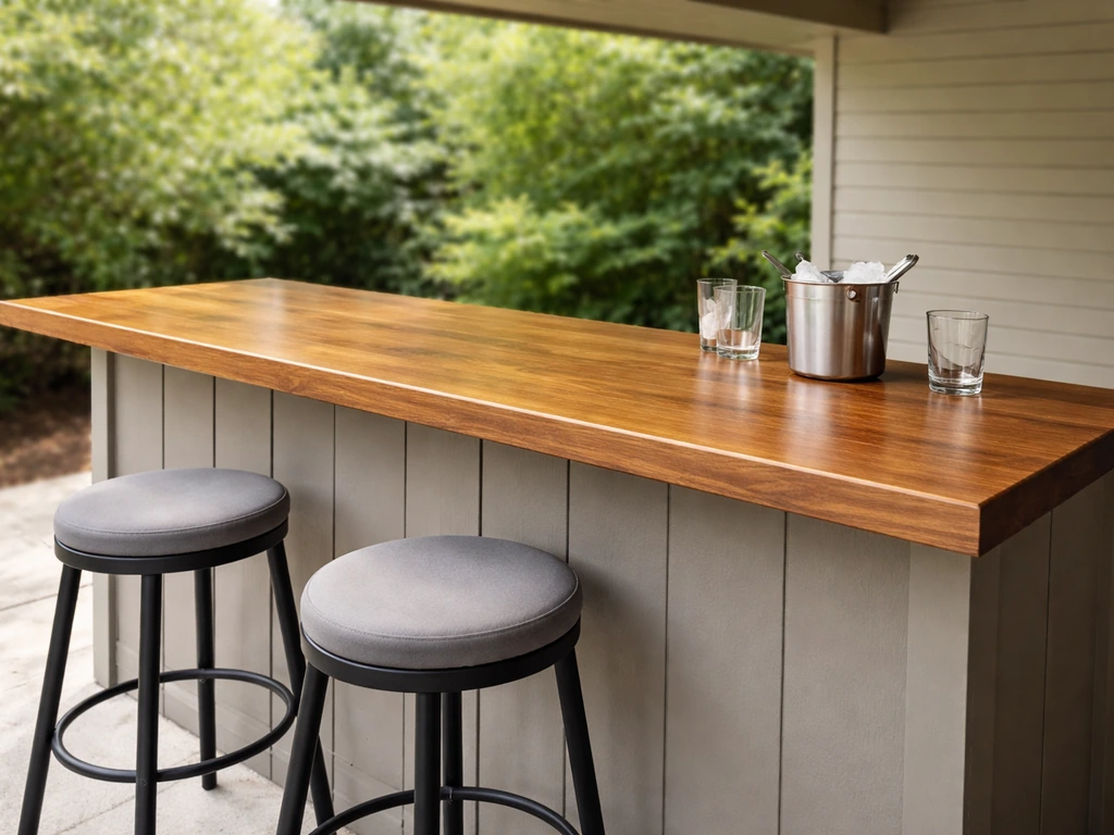 Outdoor patio bar top with finished wood surface, bar front, and stools in a simple backyard setting.