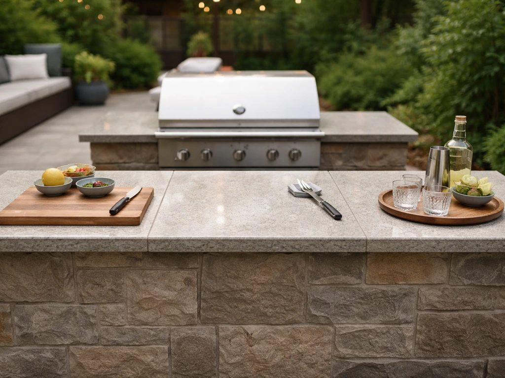 Outdoor patio bar top with clear prep, cooking, and serving zones in a simple minimal layout.