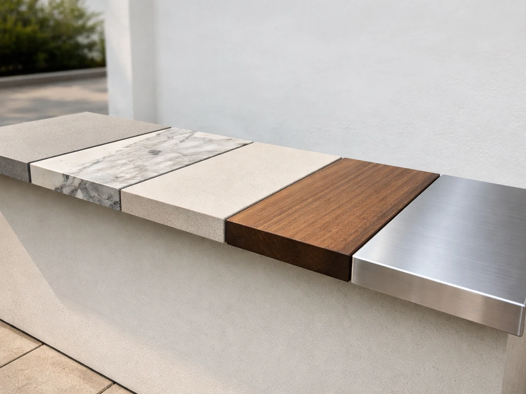 Minimal outdoor bar top material samples: concrete, stone, porcelain, wood, and stainless finishes in one scene