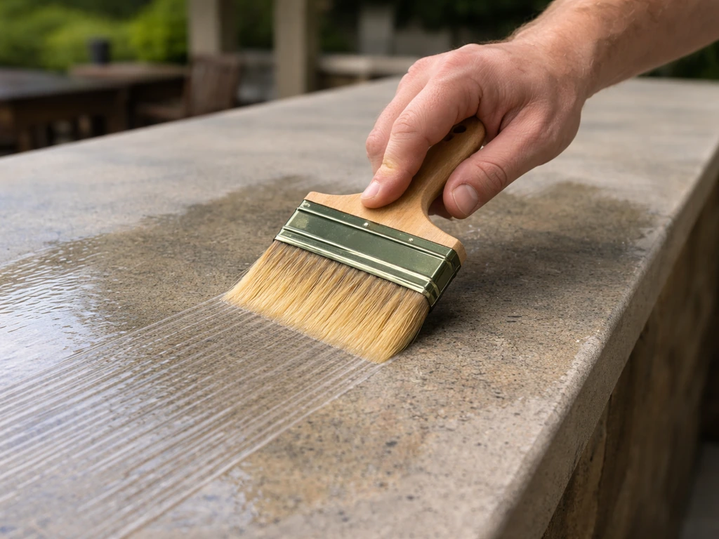 Hand applying penetrating sealer to a stone patio bar top with water-repellent finish.