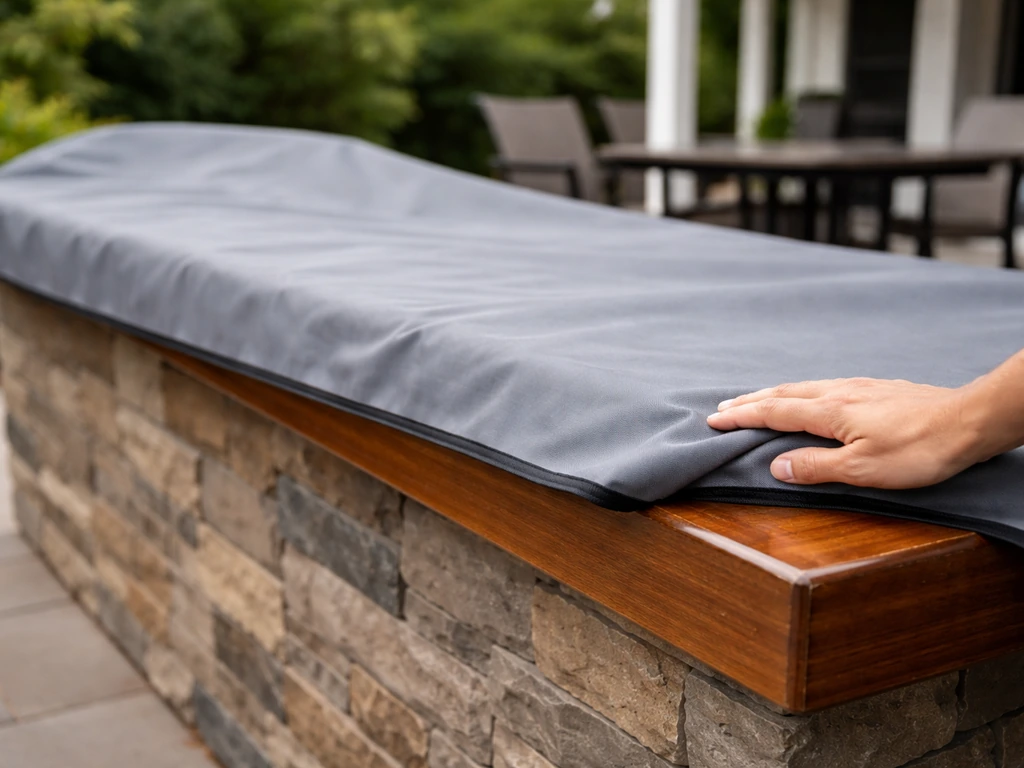 Anonymous hand smoothing a fitted outdoor cover over a patio bar top for weatherproofing.