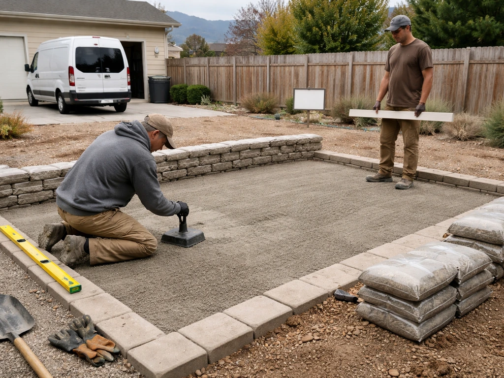 Licensed contractor crew installing stone patio with materials and a company-branded van in a Utah backyard