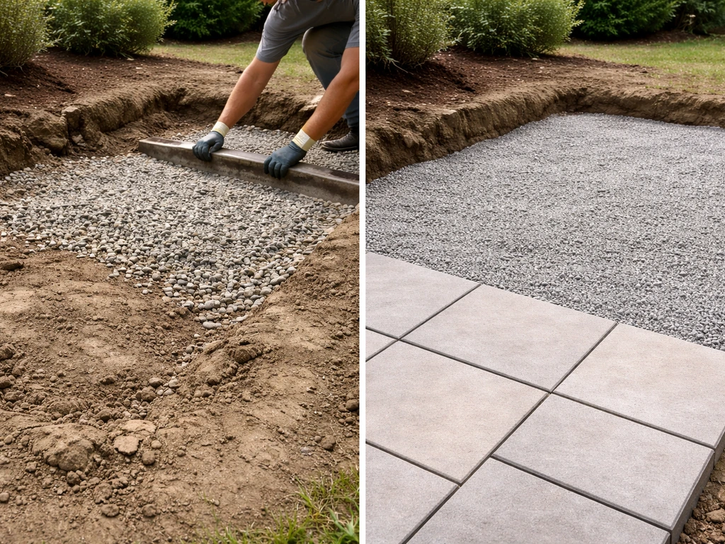 Utah patio construction sequence: excavated area with compacted gravel base transitioning to patio surface.