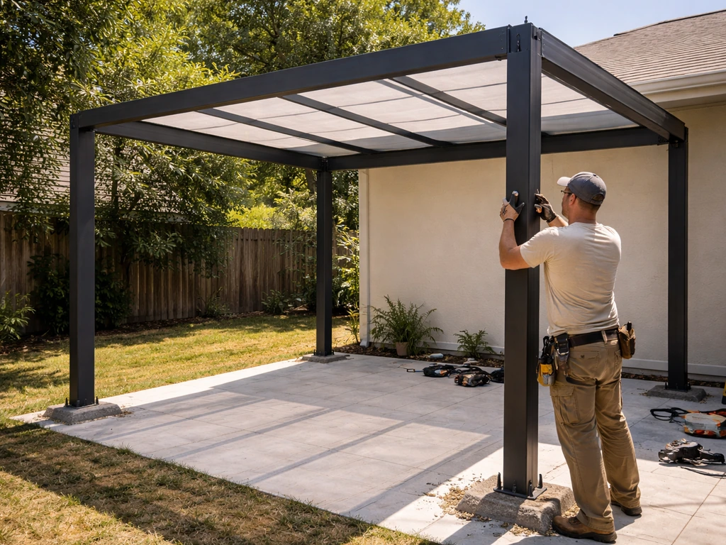 Contractors installing a pergola frame with beams and posts beside a home patio in bright Utah-like light.