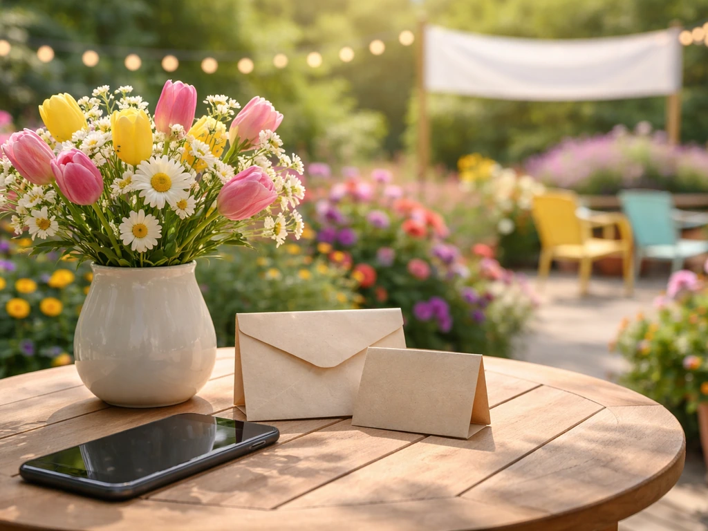 Bright garden patio with blooming flowers and a blank promo-code style envelope near a phone.