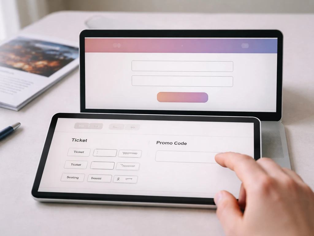 Desk scene with two stacked event website mockups showing empty email sign-up and promo code fields.