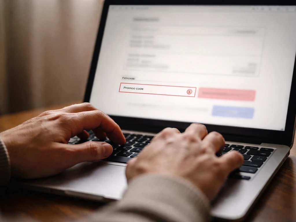Close-up of hands over a laptop checkout page showing an invalid promo code entry state.
