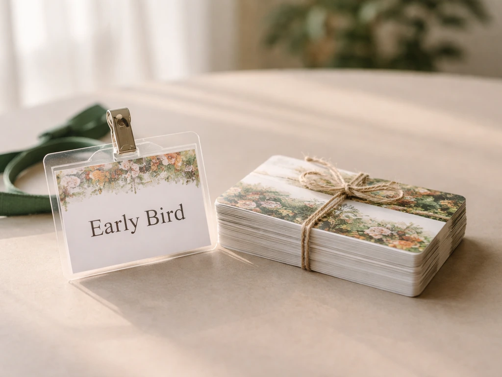 Minimal photo of early-bird ticket badge and bundle-style multi-day flower show cards on a table