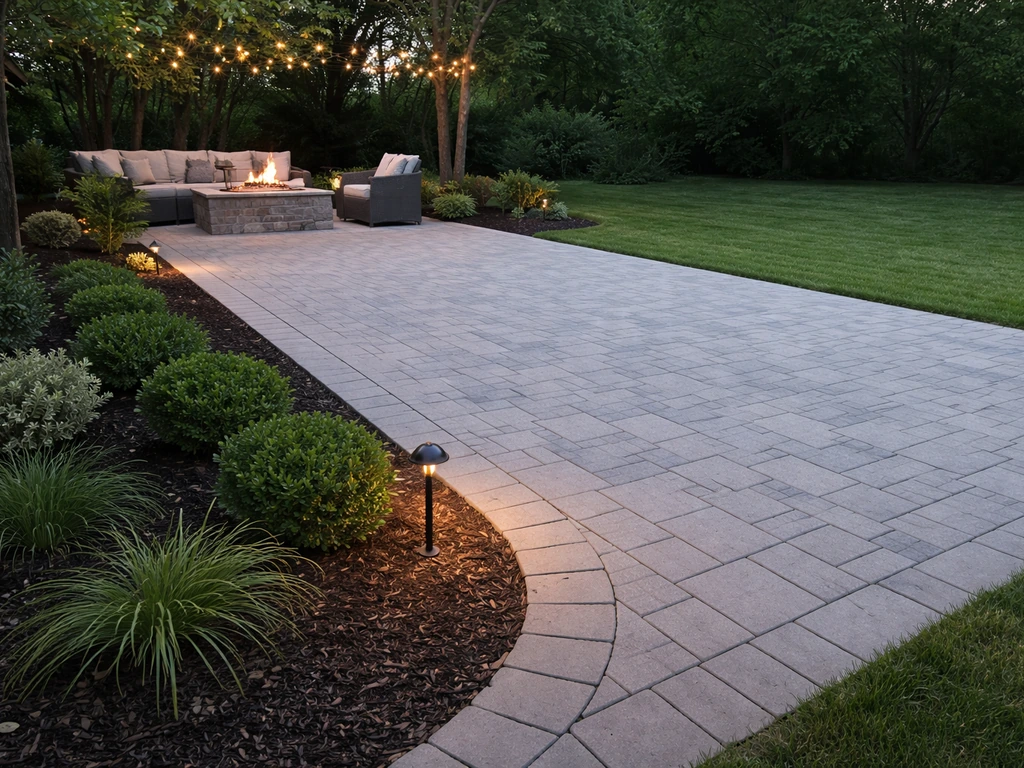 Warm stone patio at dusk with clean edging, landscaped shrubs, and soft lighting.