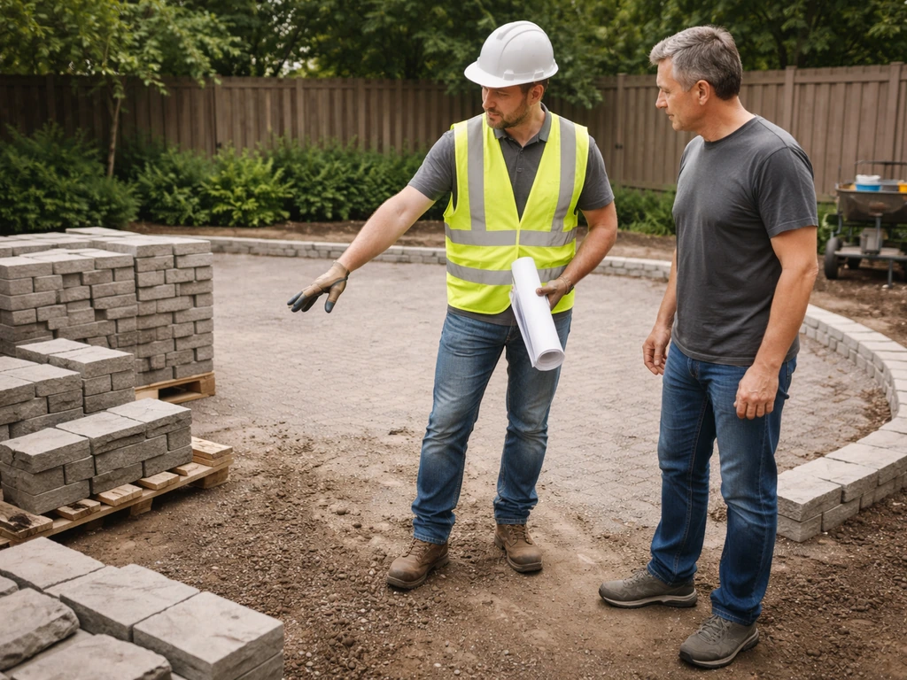 Contractor in PPE and homeowner reviewing patio plans at a residential backyard jobsite.