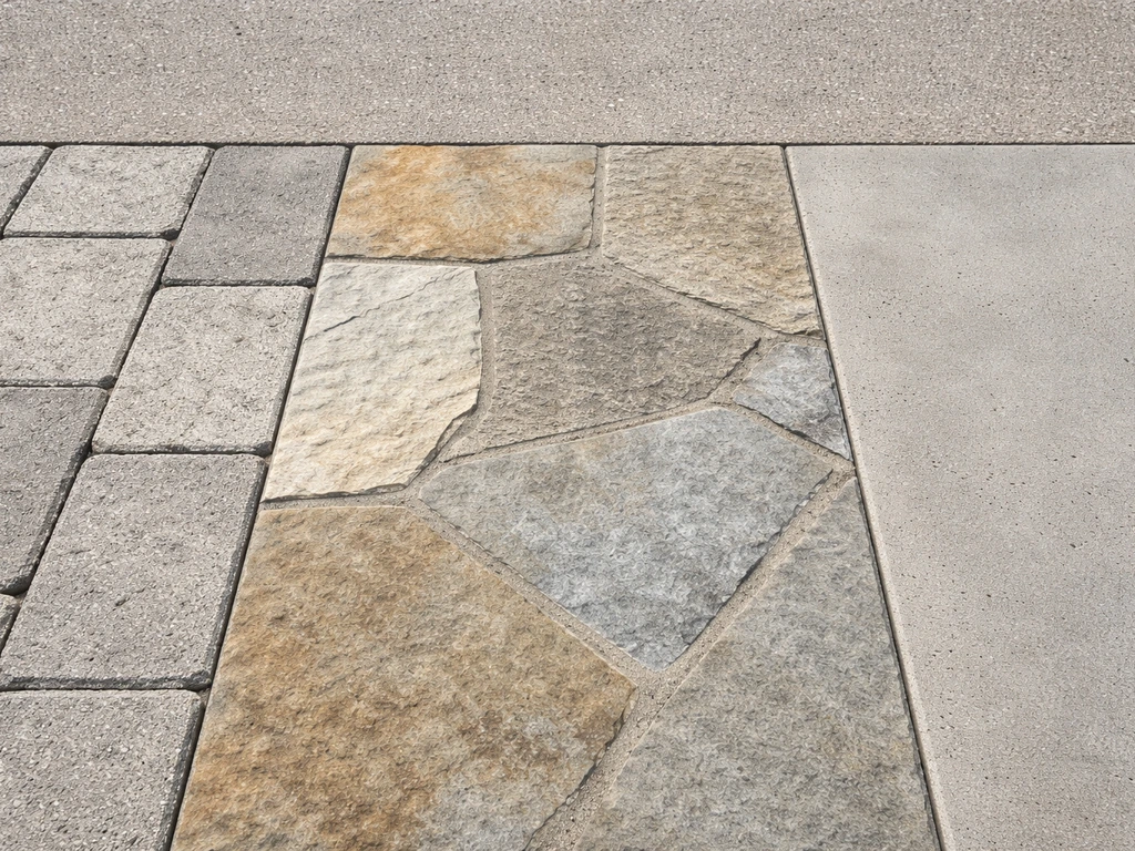 Side-by-side close-up of patio materials showing textures and edges: concrete pavers, natural stone, and poured concrete