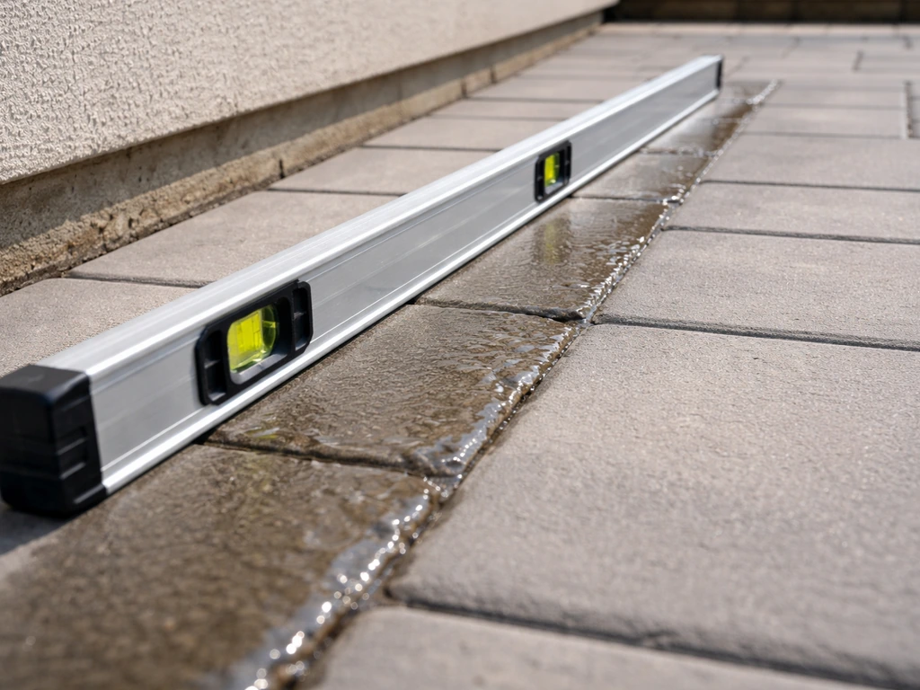 Close-up of a straightedge and level showing a patio slope directing water away from a home
