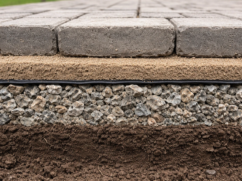 Layered paver patio base cross-section showing soil, geotextile, gravel, sand, and pavers.
