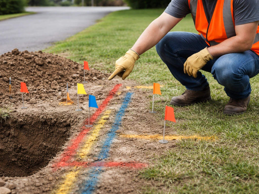 Utility locator worker kneeling by flagged ground markings near an excavation site before digging.