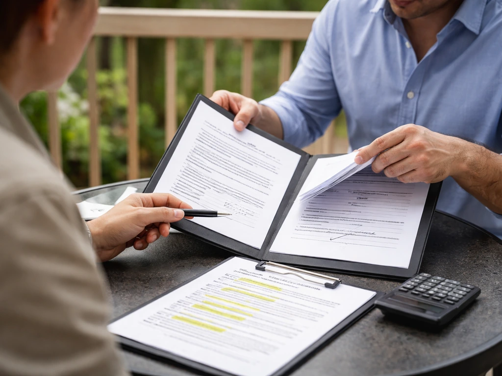 Contract review on a patio table: contractor and homeowner reviewing a signed scope-of-work checklist together.