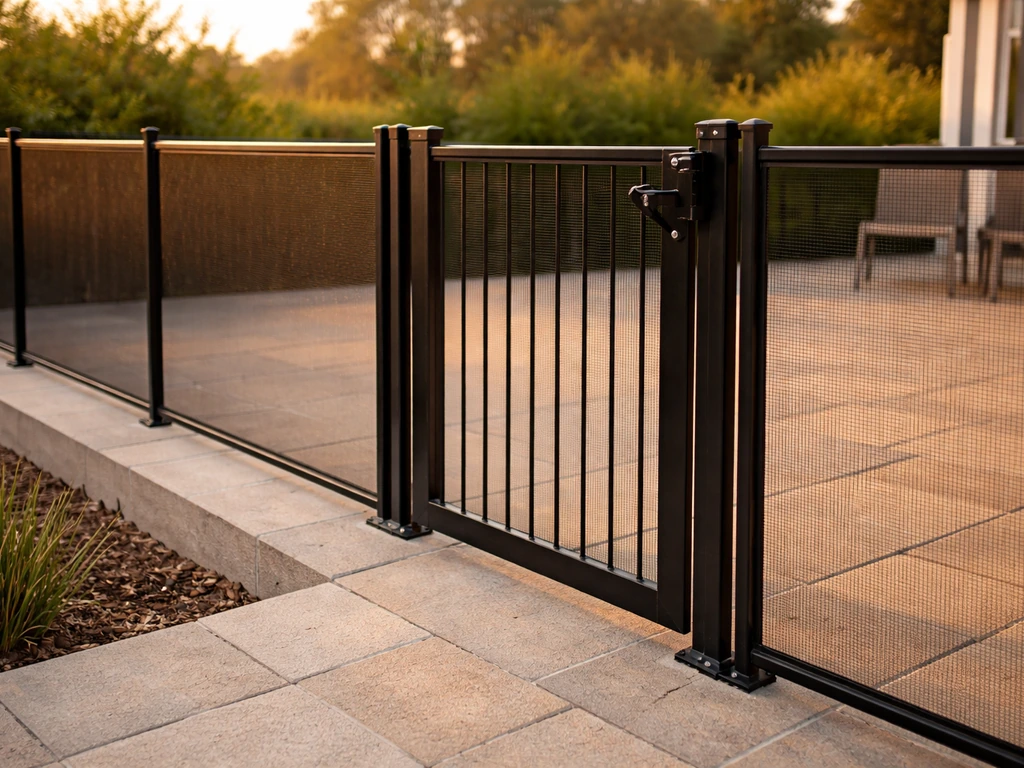 Minimal patio with a properly installed safety fence and a self-closing gate by the patio edge.