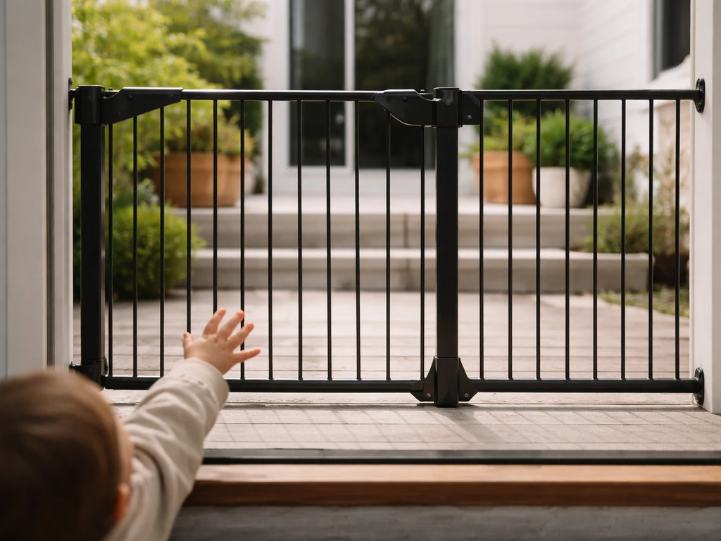 Low garden patio opening with a partially open fence gate barrier stopping a toddler’s reach